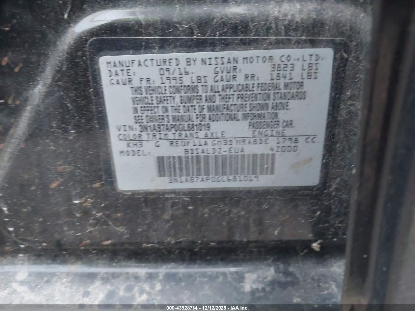 2016 Nissan Sentra Sv VIN: 3N1AB7AP0GL681019 Lot: 43928784