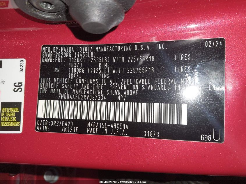 2024 Toyota Corolla Cross Xle VIN: 7MUDAABG2RV087334 Lot: 43928789