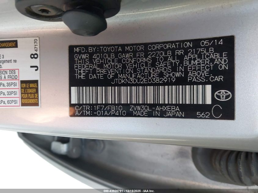 2014 Toyota Prius Two VIN: JTDKN3DU2E0382919 Lot: 43928791