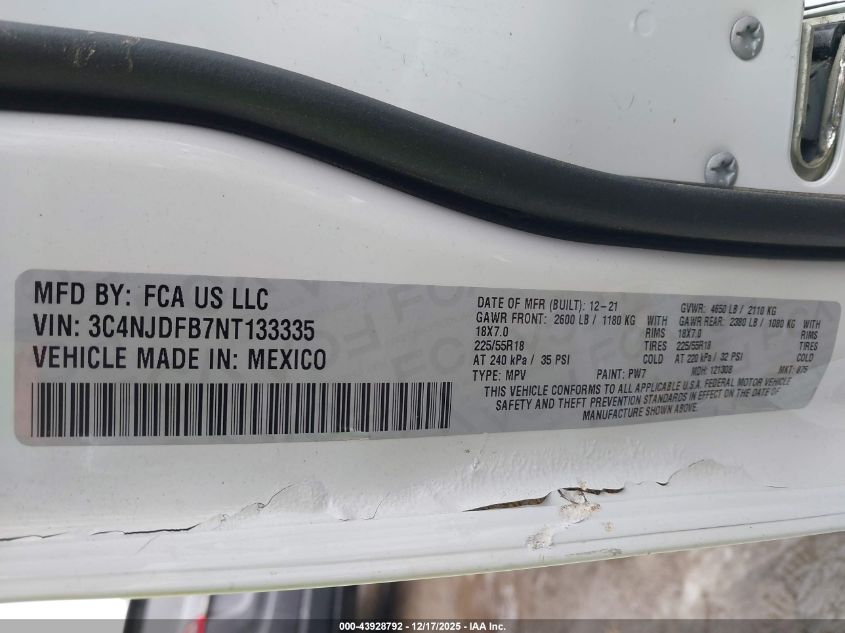 2022 Jeep Compass Latitude Lux 4X4 VIN: 3C4NJDFB7NT133335 Lot: 43928792