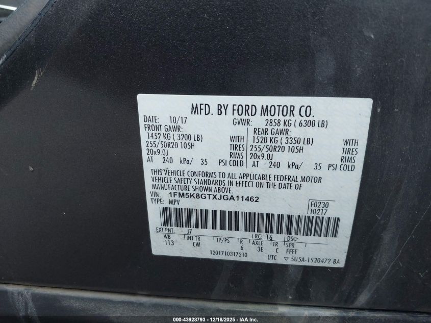 2018 Ford Explorer Sport VIN: 1FM5K8GTXJGA11462 Lot: 43928793