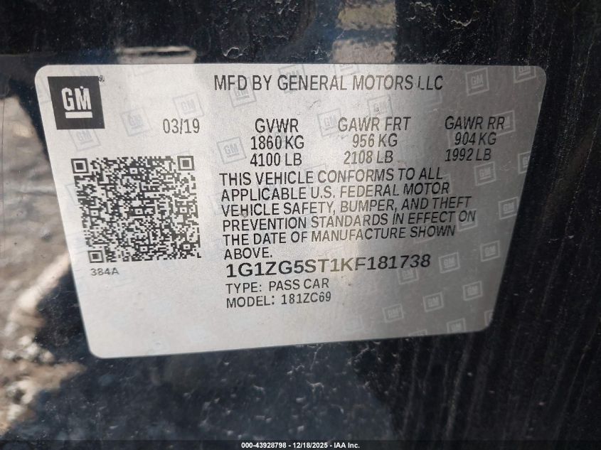 2019 Chevrolet Malibu Rs VIN: 1G1ZG5ST1KF18173 Lot: 43928798