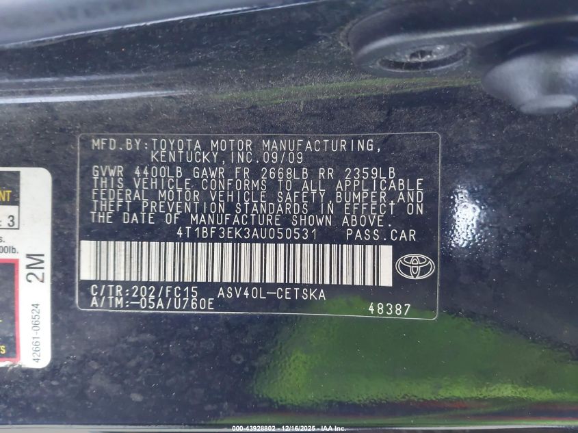 2010 Toyota Camry Se VIN: 4T1BF3EK3AU050531 Lot: 43928802