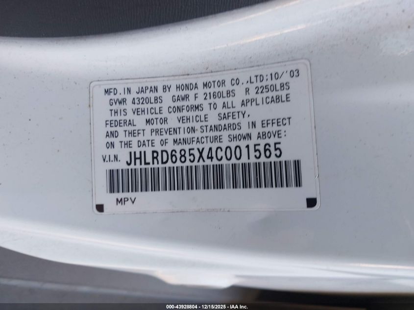2004 Honda Cr-V Lx VIN: JHLRD685X4C001565 Lot: 43928804