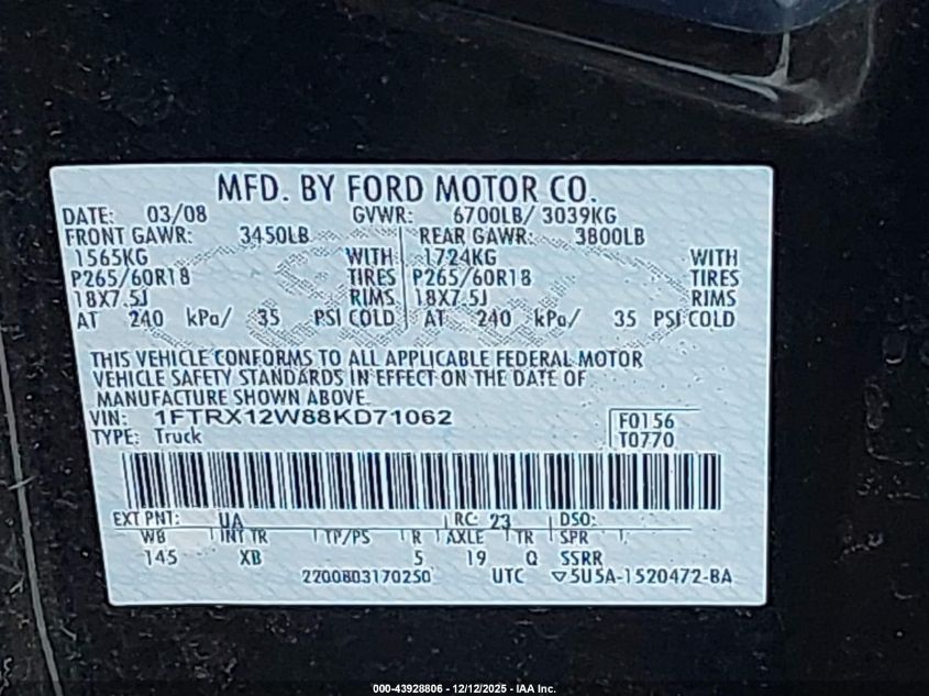 2008 Ford F-150 Fx2/Stx/Xl/Xlt VIN: 1FTRX12W88KD71062 Lot: 43928806