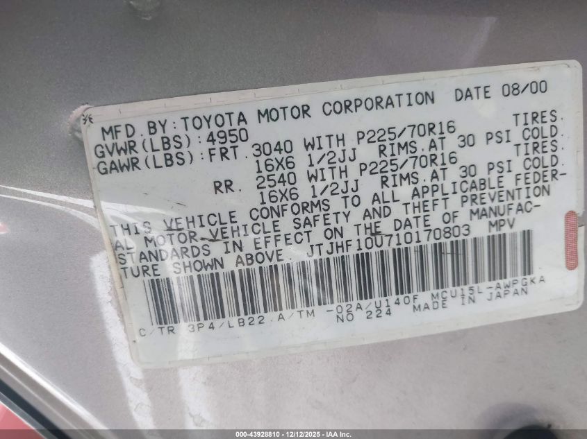 2001 Lexus Rx 300 VIN: JTJHF10U710170803 Lot: 43928810