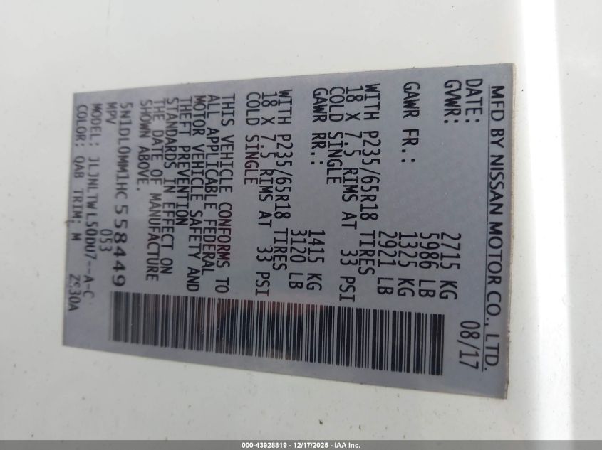 2017 Infiniti Qx60 VIN: 5N1DL0MM1HC558449 Lot: 43928819