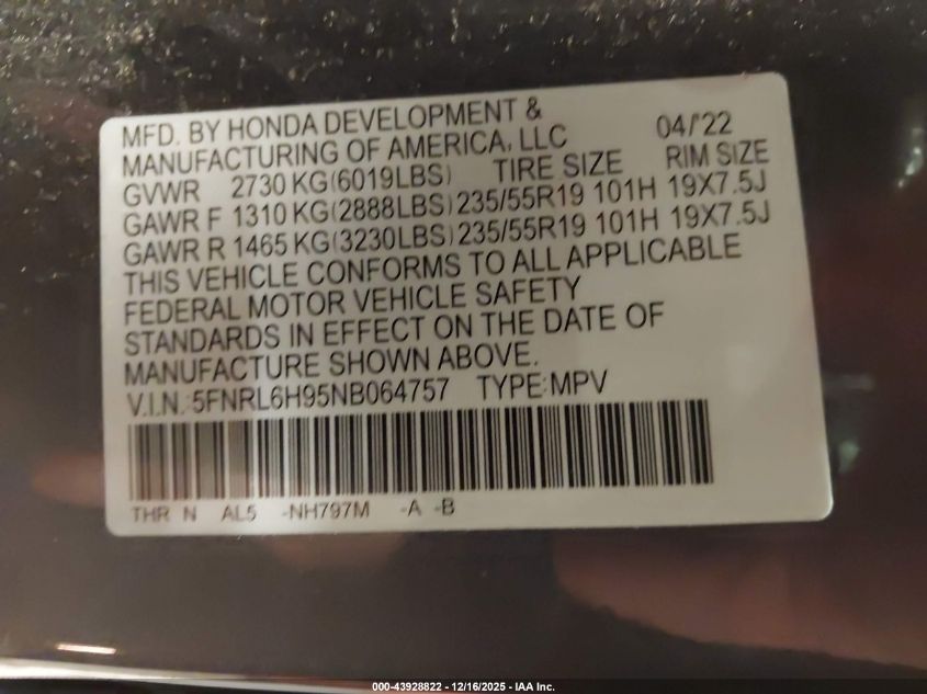 2022 Honda Odyssey Elite VIN: 5FNRL6H95NB064757 Lot: 43928822