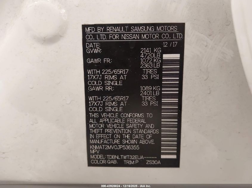 2018 Nissan Rogue Sv VIN: KNMAT2MV0JP536355 Lot: 43928824