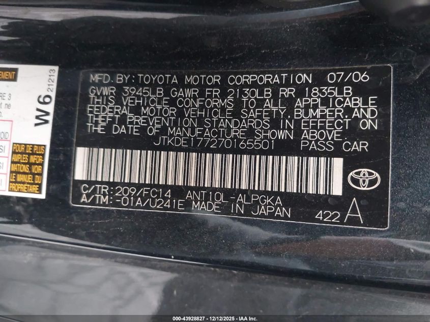 2007 Scion Tc VIN: JTKDE177270165501 Lot: 43928827