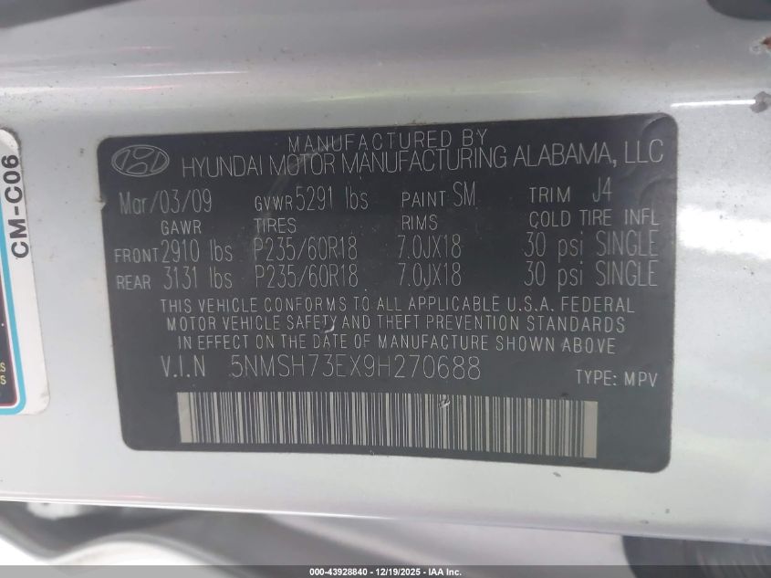 2009 Hyundai Santa Fe Se VIN: 5NMSH73EX9H270688 Lot: 43928840