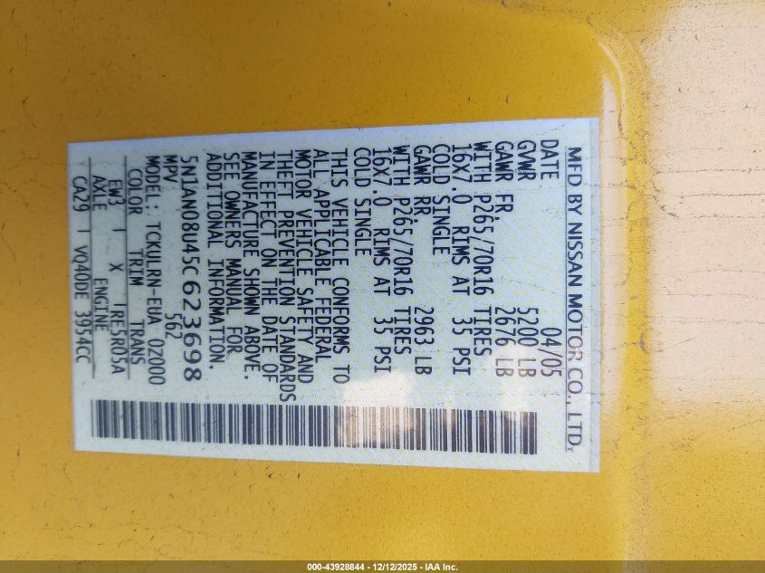2005 Nissan Xterra S VIN: 5N1AN08U45C623698 Lot: 43928844