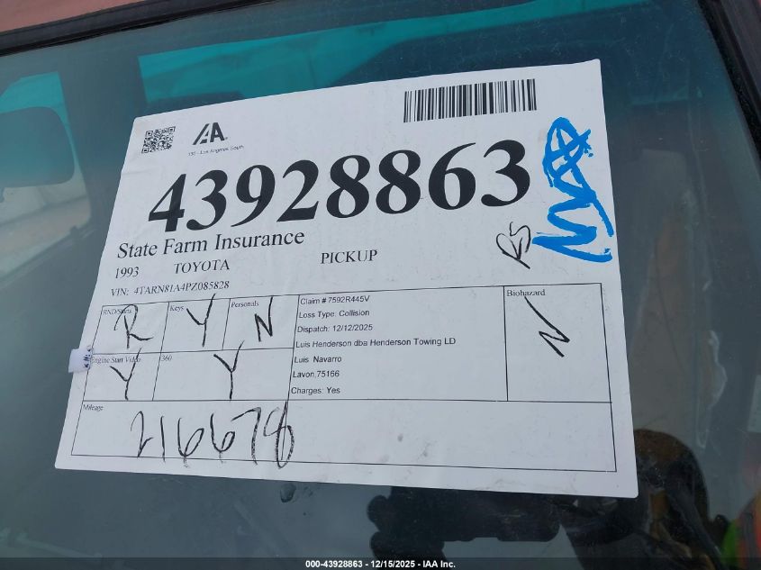 1993 Toyota Pickup 1/2 Ton Short Whlbase Stb VIN: 4TARN81A4PZ085828 Lot: 43928863