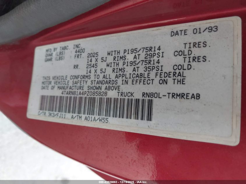 1993 Toyota Pickup 1/2 Ton Short Whlbase Stb VIN: 4TARN81A4PZ085828 Lot: 43928863