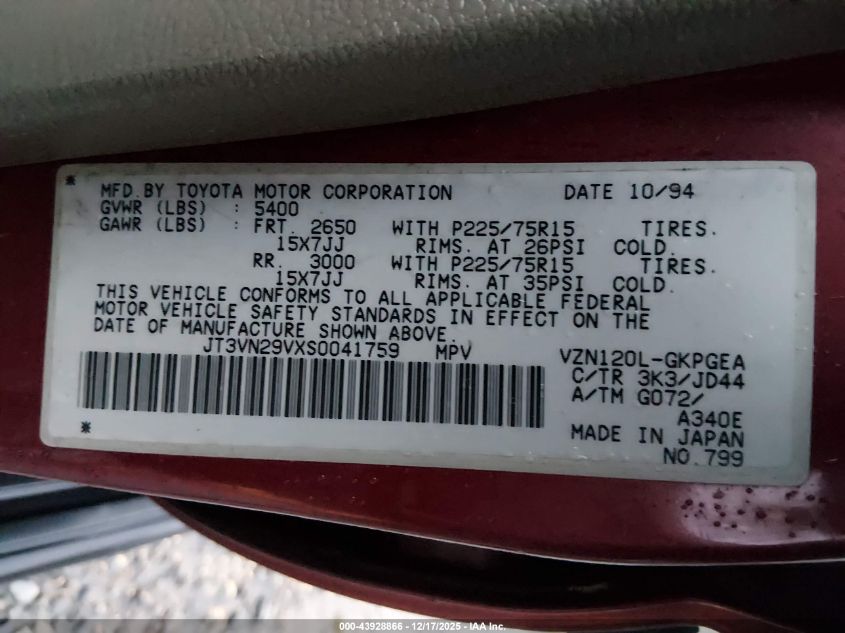 1995 Toyota 4Runner Vn29 Sr5 VIN: JT3VN29VXS0041759 Lot: 43928866