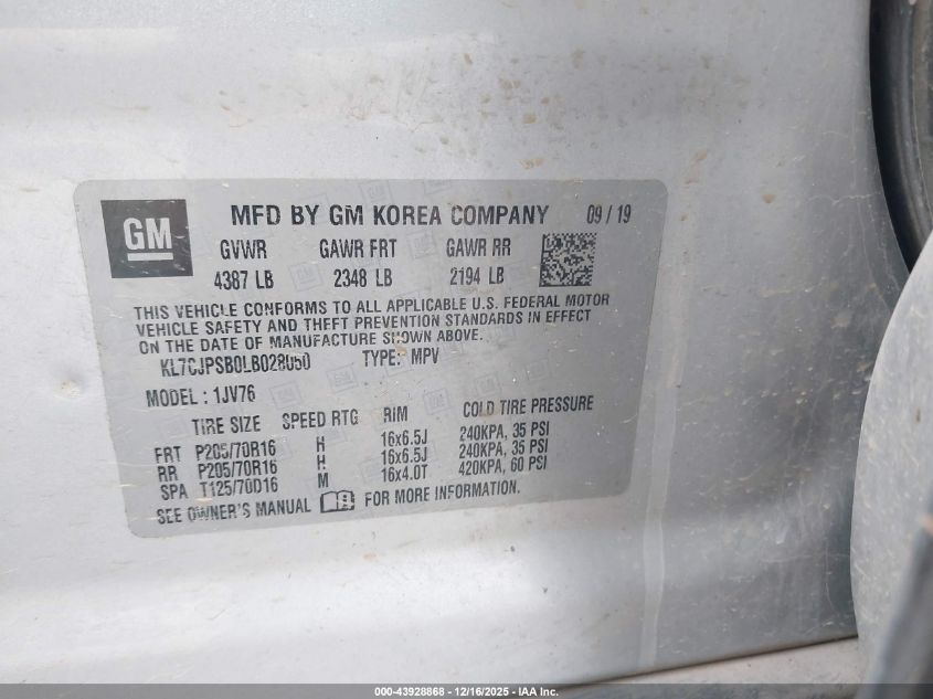 2020 Chevrolet Trax Awd Lt VIN: KL7CJPSB0LB028050 Lot: 43928868