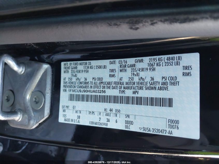 2017 Ford Escape Titanium VIN: 1FMCU9J90HUA03256 Lot: 43928876