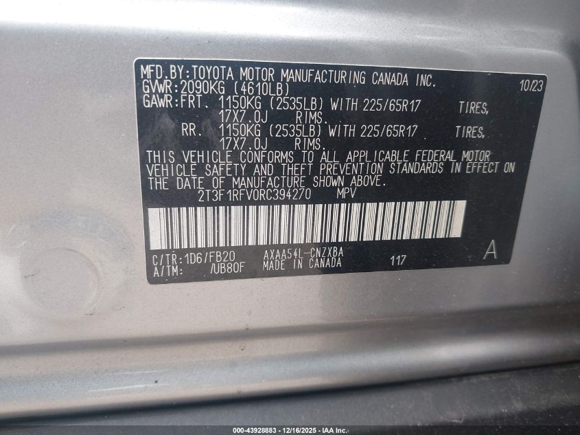 2024 Toyota Rav4 Le VIN: 2T3F1RFV0RC394270 Lot: 43928883