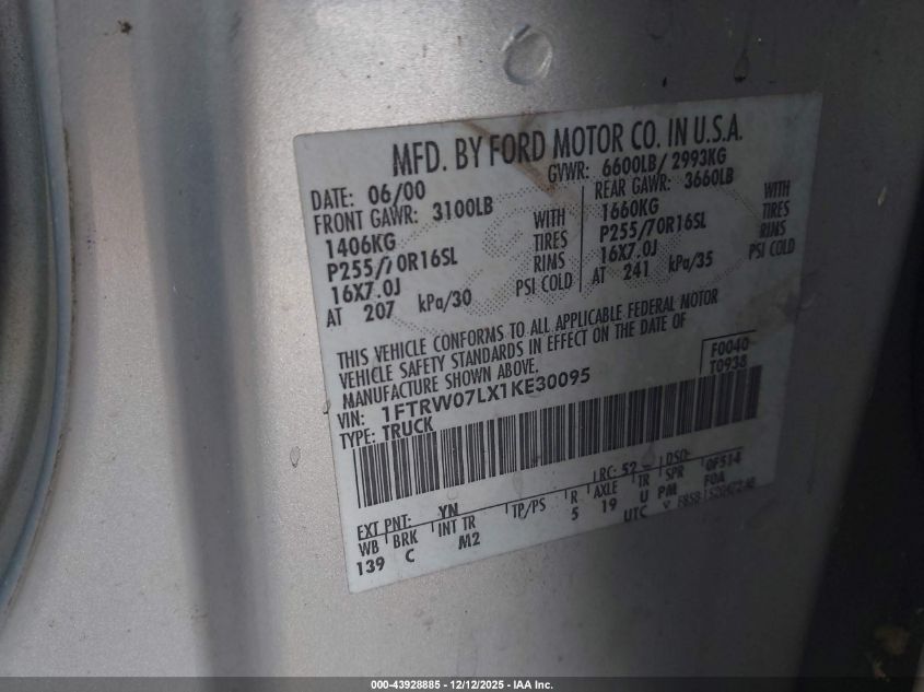 2001 Ford F-150 Harley-Davidson Edition/King Ranch Edition/Lariat/Xlt VIN: 1FTRW07LX1KE30095 Lot: 43928885