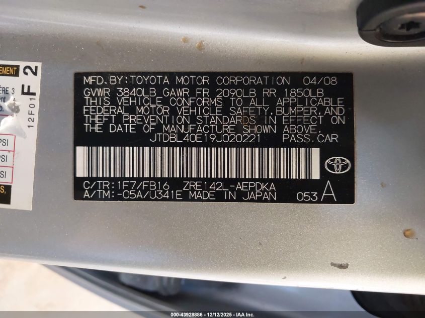 2009 Toyota Corolla Le VIN: JTDBL40E19J020221 Lot: 43928886