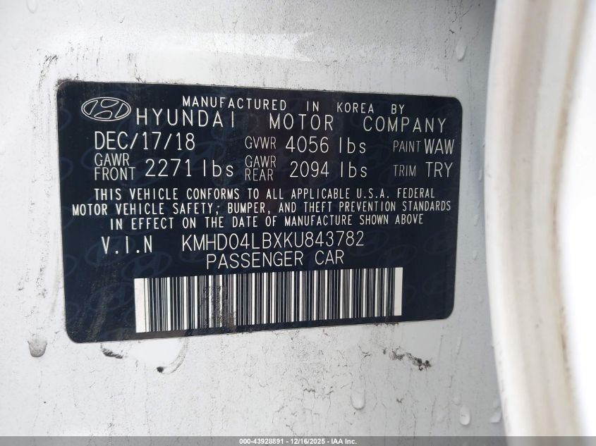 2019 Hyundai Elantra Sport VIN: KMHD04LBXKU843782 Lot: 43928891