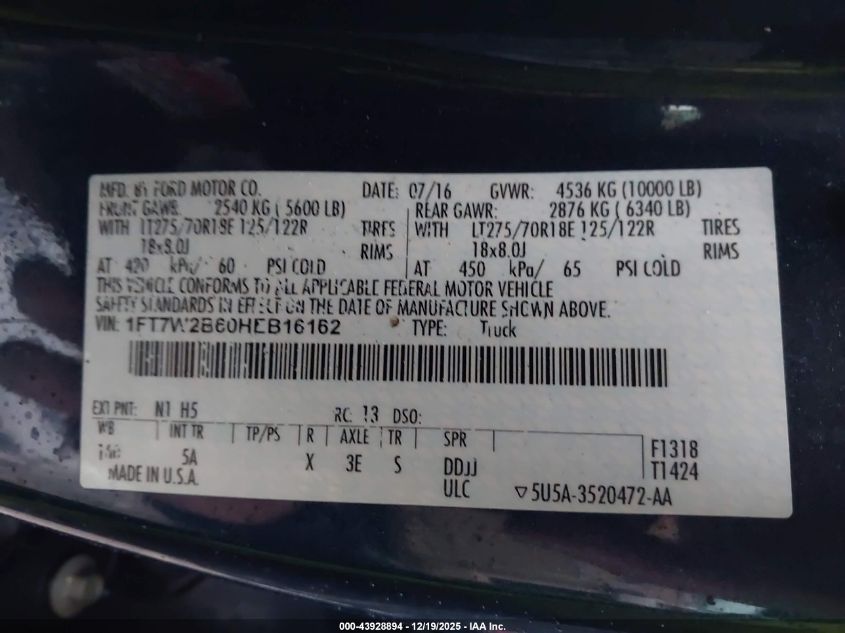 2017 Ford F-250 Lariat VIN: 1FT7W2B60HEB16162 Lot: 43928894