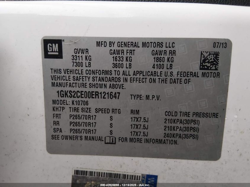 2014 GMC Yukon Slt VIN: 1GKS2CE00ER121647 Lot: 43928895