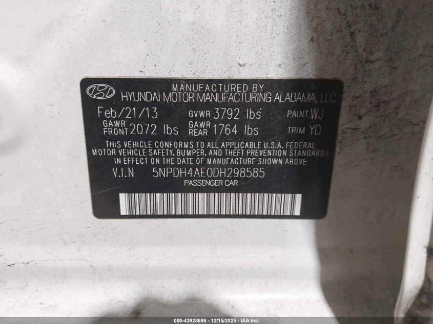 2013 Hyundai Elantra Gls VIN: 5NPDH4AE0DH298585 Lot: 43928898