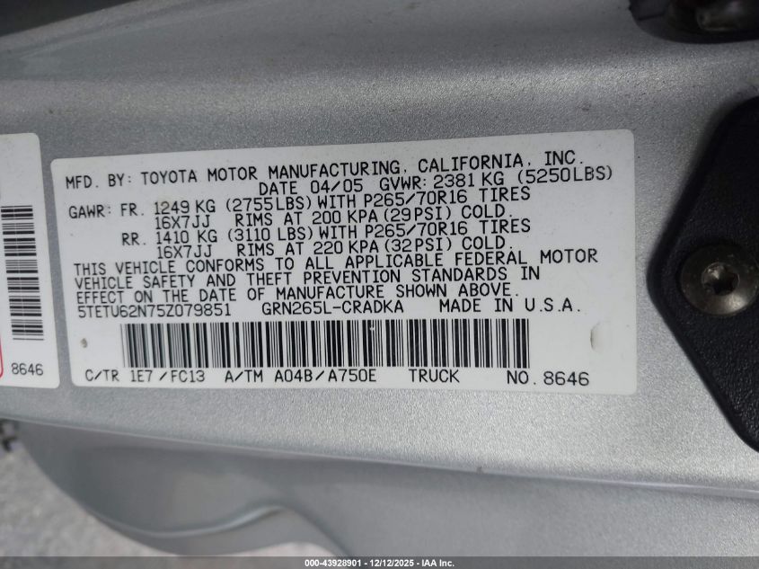 2005 Toyota Tacoma Prerunner V6 VIN: 5TETU62N75Z079851 Lot: 43928901