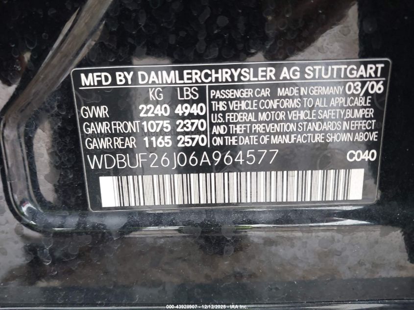 2006 Mercedes-Benz E 320 Cdi VIN: WDBUF26J06A964577 Lot: 43928907