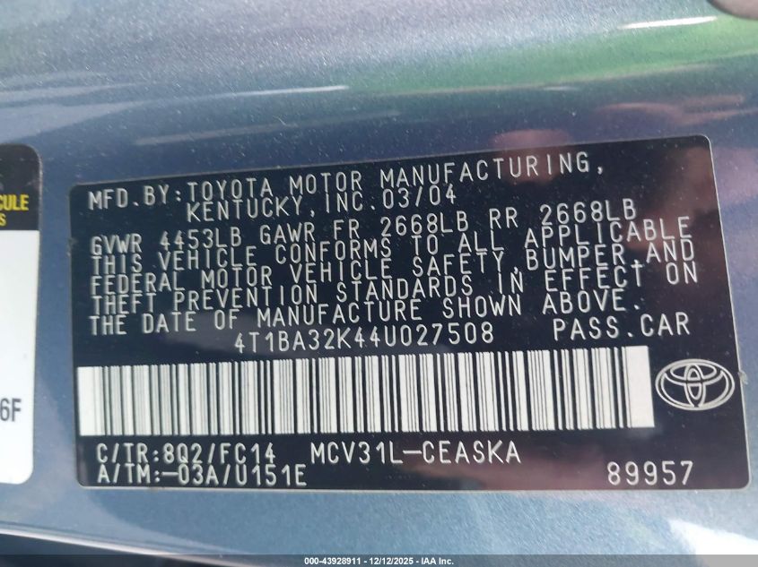 2004 Toyota Camry Se V6 VIN: 4T1BA32K44U027508 Lot: 43928911