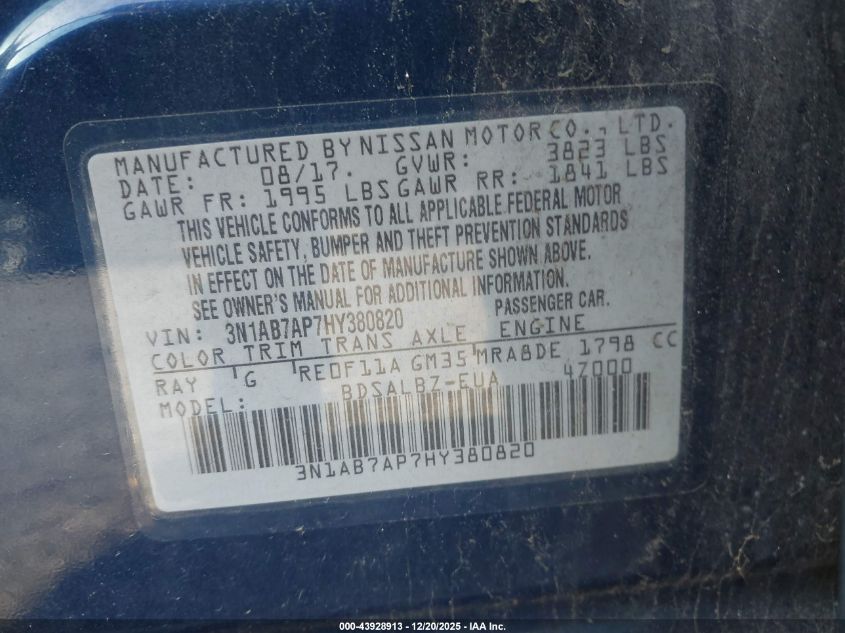 2017 Nissan Sentra S VIN: 3N1AB7AP7HY380820 Lot: 43928913