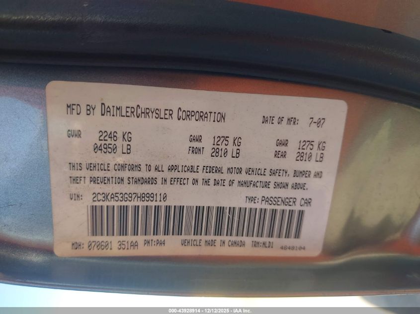 2007 Chrysler 300 Touring VIN: 2C3KA53G97H899110 Lot: 43928914
