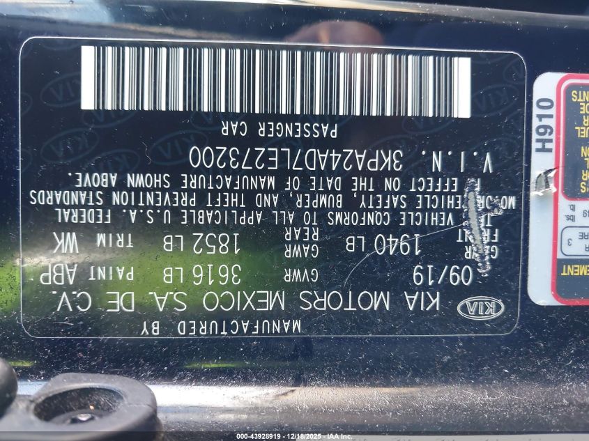 2020 Kia Rio S VIN: 3KPA24AD7LE273200 Lot: 43928919