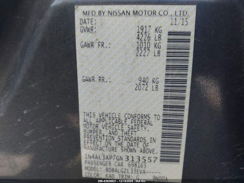 2016 Nissan Altima 2.5 S VIN: 1N4AL3AP7GN313557 Lot: 43928921