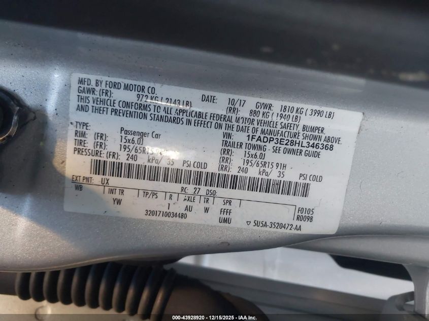 2017 Ford Focus S VIN: 1FADP3E28HL346368 Lot: 43928920