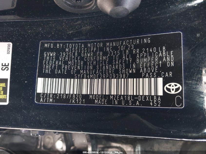 2024 Toyota Corolla Le VIN: 5YFB4MDE2RP093987 Lot: 43928924