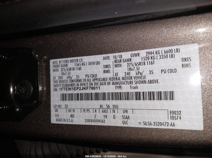 2018 Ford F-150 Xlt VIN: 1FTEW1EP2JKF78011 Lot: 43928928