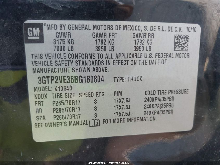 2011 GMC Sierra 1500 Sle VIN: 3GTP2VE36BG180804 Lot: 43928929