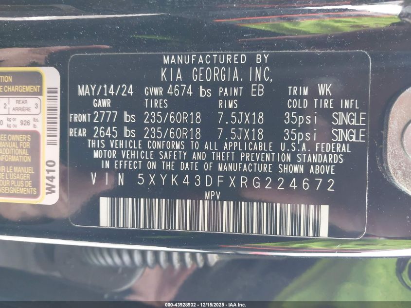 2024 Kia Sportage Sx VIN: 5XYK43DFXRG224672 Lot: 43928932