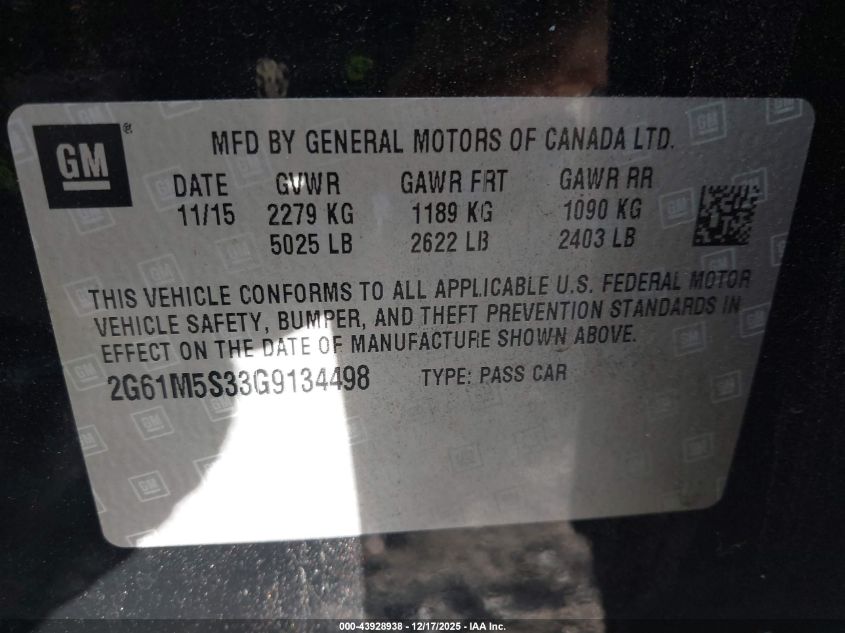 2016 Cadillac Xts Luxury Collection VIN: 2G61M5S33G9134498 Lot: 43928938