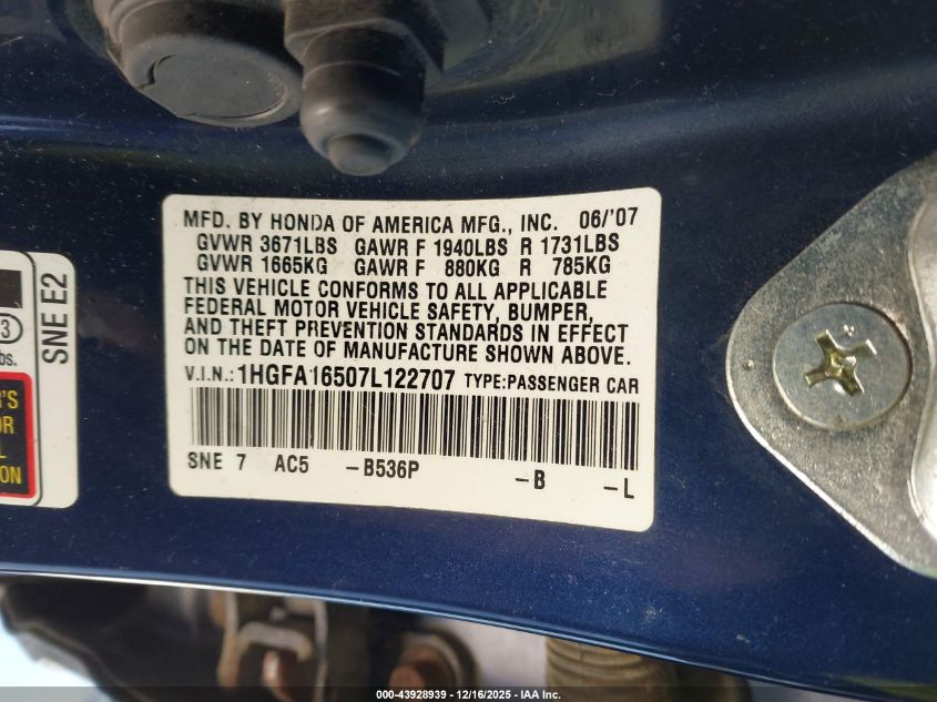 2007 Honda Civic Lx VIN: 1HGFA16507L122707 Lot: 43928939