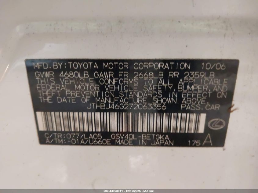 2007 Lexus Es 350 VIN: JTHBJ46G272063356 Lot: 43928941