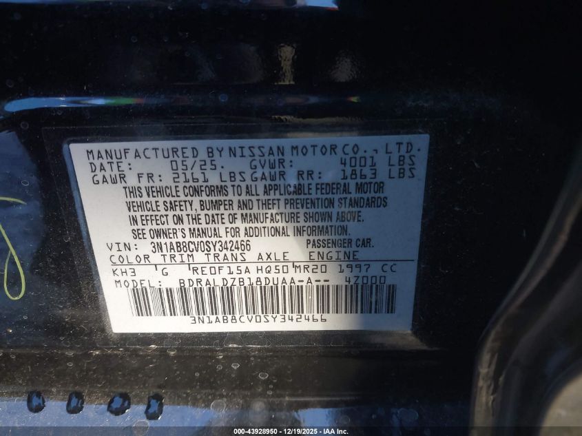 2025 Nissan Sentra Sv VIN: 3N1AB8CV0SY342466 Lot: 43928950