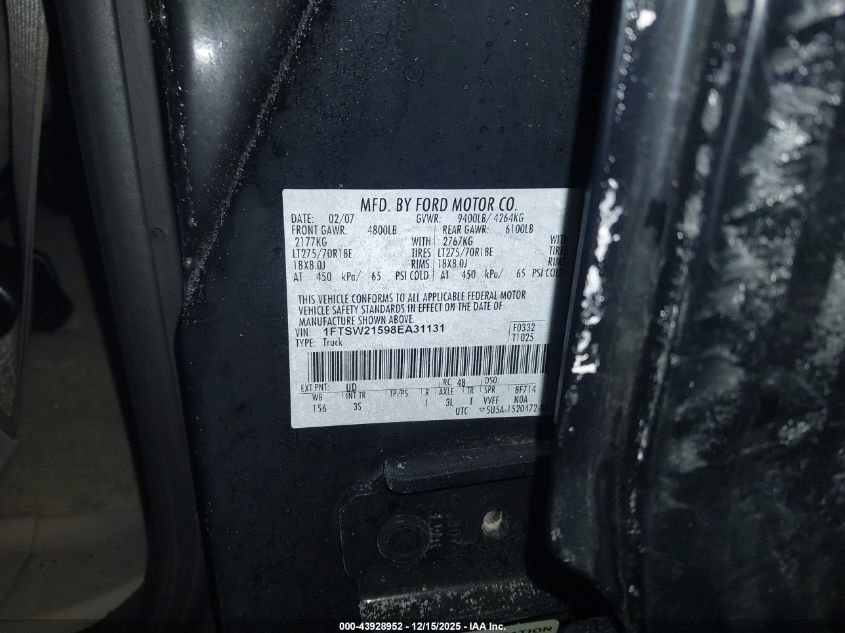 2008 Ford F-250 Fx4/King Ranch/Lariat/Xl/Xlt VIN: 1FTSW21598EA31131 Lot: 43928952