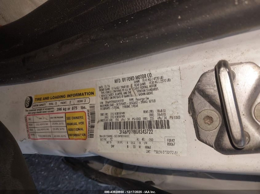 2016 Ford Fusion Se VIN: 3FA6P0T98GR343722 Lot: 43928958