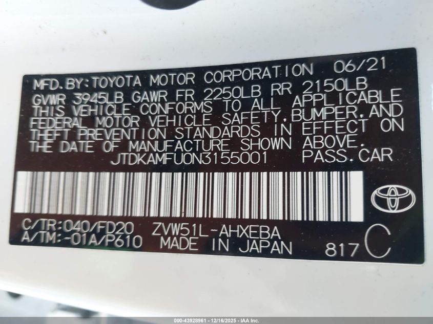 2022 Toyota Prius Le VIN: JTDKAMFU0N3155001 Lot: 43928961