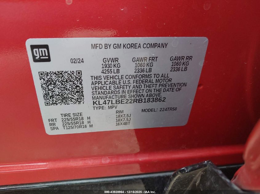 2024 Buick Envista Sport Touring Fwd VIN: KL47LBE22RB183862 Lot: 43928964