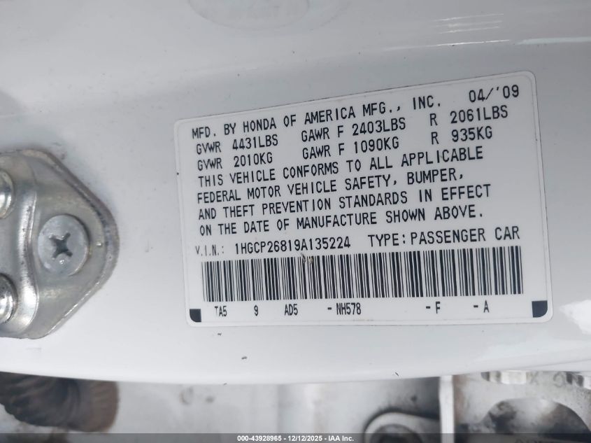 2009 Honda Accord 2.4 Ex-L VIN: 1HGCP26819A135224 Lot: 43928965