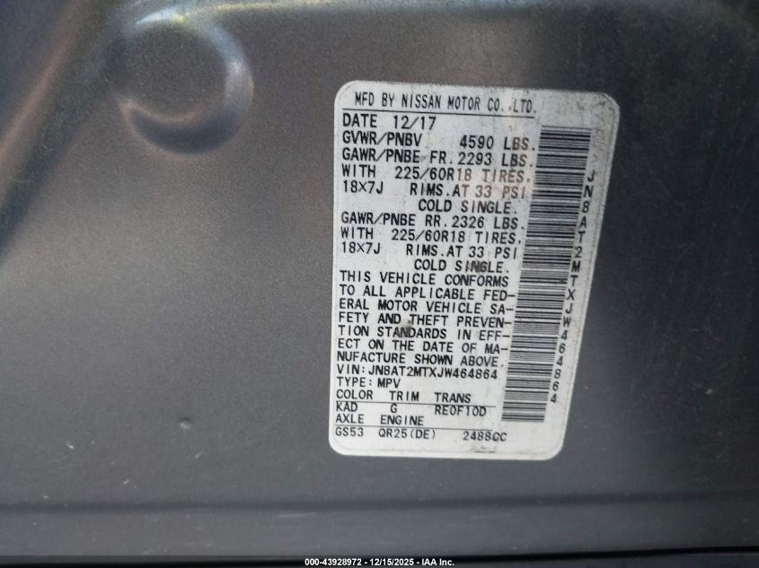 2018 Nissan Rogue Sl VIN: JN8AT2MTXJW464864 Lot: 43928972